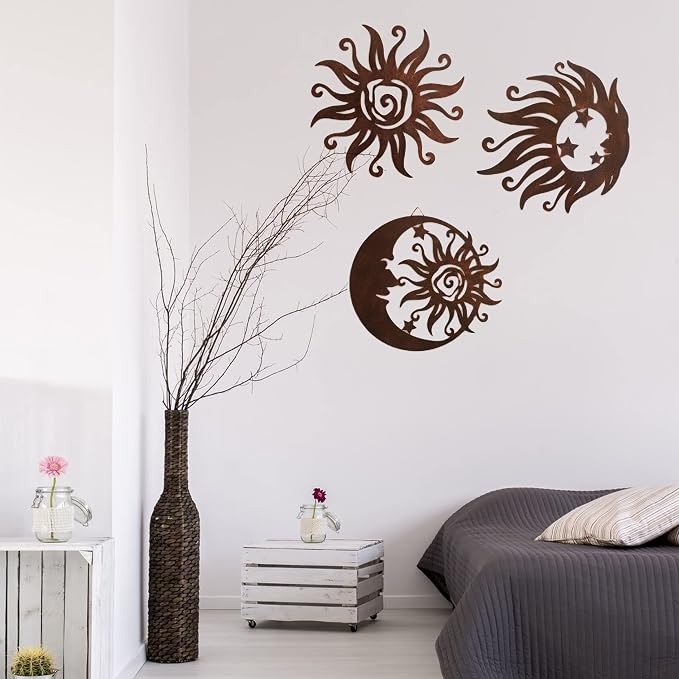VividLadybug Set of 3 Rust Colored Sun Moon Metal Wall Art, Rust Proof Indoor Outdoor Farmhouse Patio Bedroom Decor