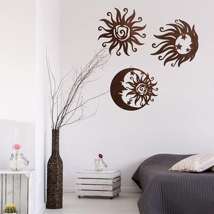 VividLadybug Set of 3 Rust Colored Sun Moon Metal Wall Art, Rust Proof Indoor Outdoor Farmhouse Patio Bedroom Decor