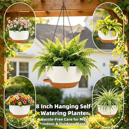Set of 4-8 Inch Self Watering Hanging Planters for Indoor Outdoor，Hanging Plant Pots with Drainage & Removable Tray, Hanging Pots Holder for Ivy, Pothos, Ferns, Balcony & Patio, White Brown