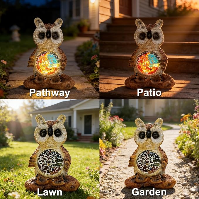 Solar Owl Garden Statues Decor for Outdoor, Brown Yoga Owl Figurine Lights for Lawn Patio Yard Decoration - Unique Christmas Housewarming Gift for Grandma Wowen Mom