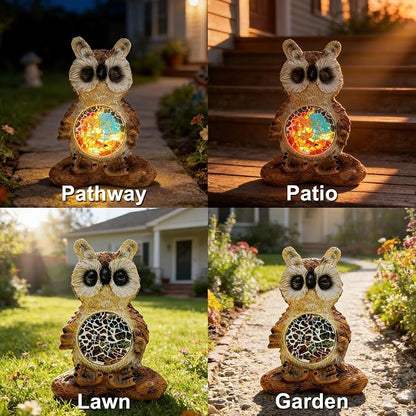 Solar Owl Garden Statues Decor for Outdoor, Brown Yoga Owl Figurine Lights for Lawn Patio Yard Decoration - Unique Christmas Housewarming Gift for Grandma Wowen Mom
