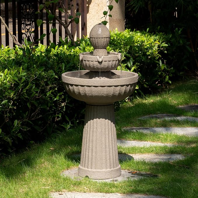 37.80” H Outdoor Water Fountain Made with Eco-Friendly Recyclable Materials, Polyethylene Cascading Waterfall Water Fountain Outdoor, Garden Decor with LED Light for Patio, Backyard (Andesite)