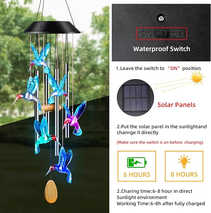 DesGully Wind Chimes,Hummingbird Solar Wind Chimes for Outside Color Changing,4 Aluminum Tubes Wind Bell for Garden/Patio Decor Thanksgiving Gifts for Mom, Wife, Grandma Neighbors(25 Inch Deep Tone)