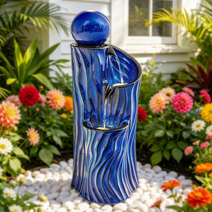 32" H Ceramic Outdoor Water Fountain with LED Lights, 3-Tier Cascading Sphere Water Feature, Tranquil Waterfall for Relaxing Garden, Patio, Yard, or Porch, Cobalt Blue, Dynamic Wave-Texture