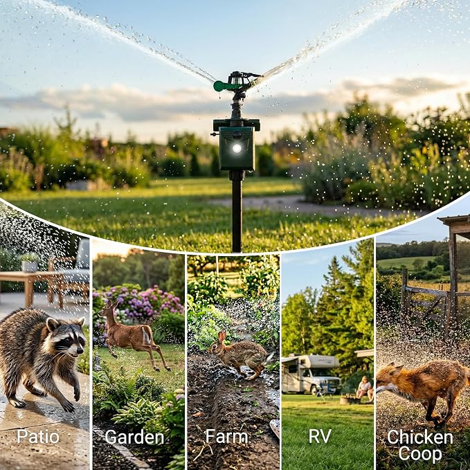 2 Packs Motion Activated Animal Repeller with Water Sprinkler, Deer Repellent Devices Solar Powered, IP65 Waterproof Deer Repellent with Flashing Light, Deter Cats Dogs Skunks Raccoons from Garden