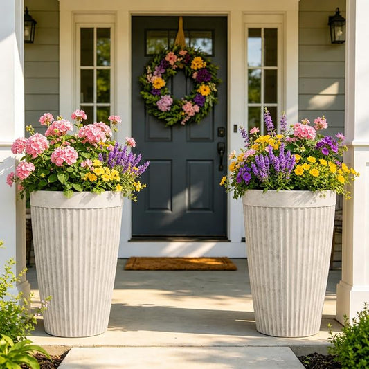 2-Pack 20" Vintage Ivory Resin Tall Planters with Fluted Texture | Set of 2 resin tall planters with fluted texture, drainage plugs, and UV-resistant finish for porch, patio, or garden.