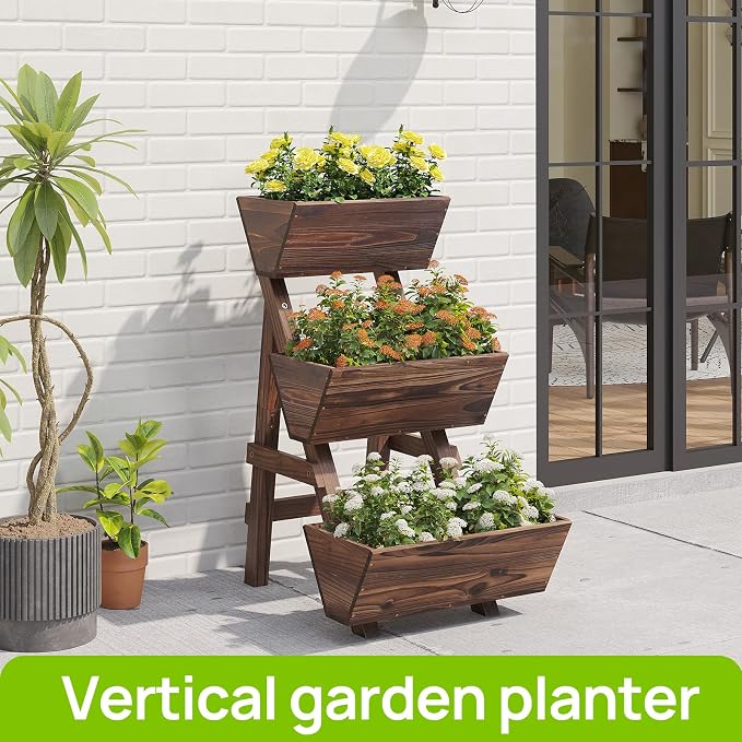 3-Tiers Wooden Raised Garden BedPlanter Box Gardening Outdoor Planter Box Patio Kit Tiered Planter Box Vertical Garden Planter Wood Plant Stand for Patio, Balcony, Freestanding (Carbonized S)
