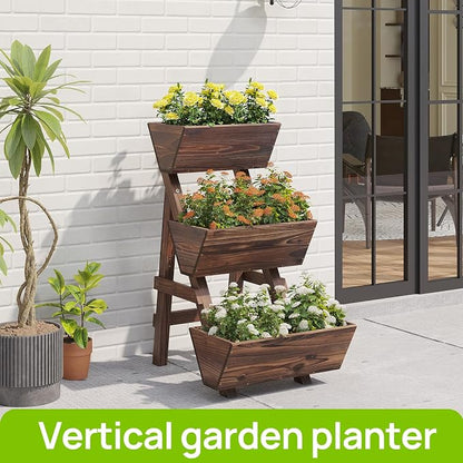 3-Tiers Wooden Raised Garden BedPlanter Box Gardening Outdoor Planter Box Patio Kit Tiered Planter Box Vertical Garden Planter Wood Plant Stand for Patio, Balcony, Freestanding (Carbonized S)