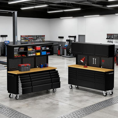 CHETTO C 72-inch Rolling Tool Chest Cabinet Mobile Workbench with 15 Storage Drawers and Wheels 3 Uper Cabinet Outlet SS Pegboard Black Tool Box for Garage 2 Pack