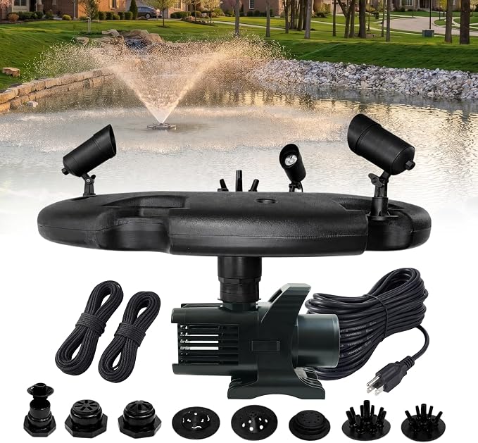 Half Off Ponds 1.75 HP Floating Fountain & Aerator | 14,800 GPH output, 11 spray patterns, Color-changing LED lights, 200 ft cord, Energy-efficient design