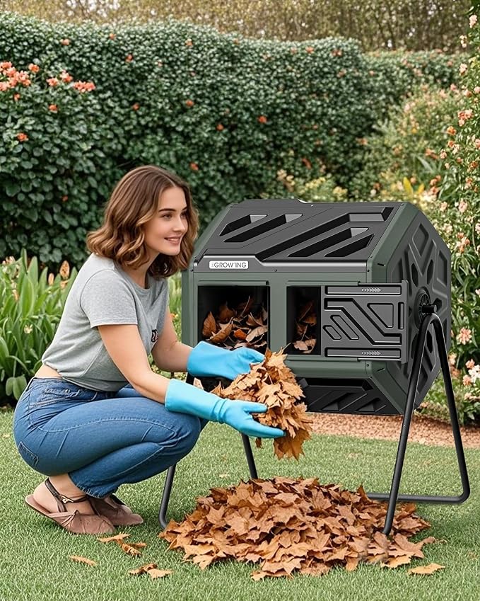 THE Growing 43 Gal Outdoor Compost Bin Tumbler for Backyard Garden, Green | Twin 21.5gal chambers match garden lawns. Pre-embedded nuts for fast setup. Durable resin deters pests and strong odors.