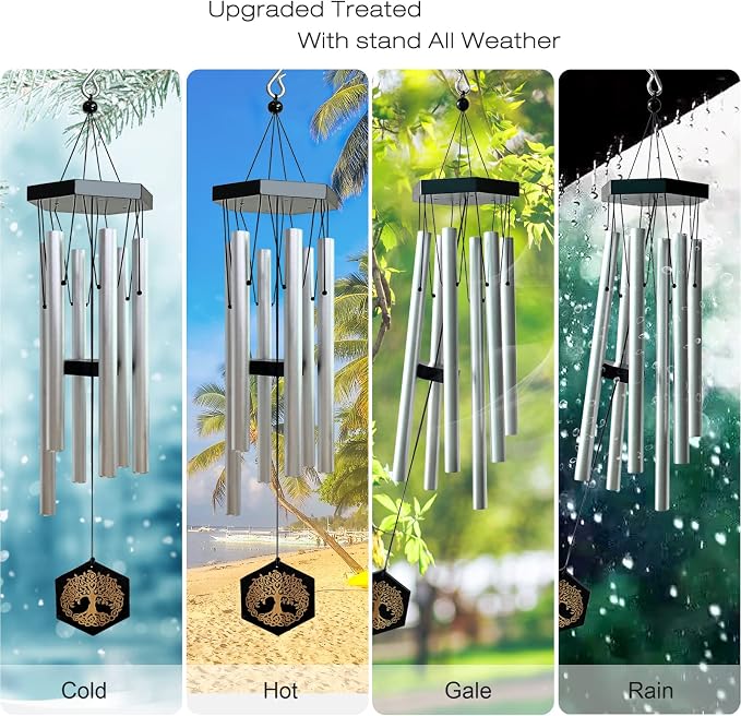 Wind Chimes for Outside, Sympathy Wind Chimes, Memorial Wind Chimes in Memory of Loved One, Sympathy Gift, Tree of Life Wind Chime Decor for Home Outdoor Garden Yard Patio 33" Silver