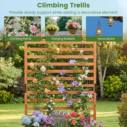HAPPYGRILL Raised Garden Bed with Trellis, 59" Tall Wooden Elevated Planter Box w/Liner, Drainage, Detachable Base Panel for Climbing Plant Vine Flower, Outdoor Planter w/Trellis for Patio (1)