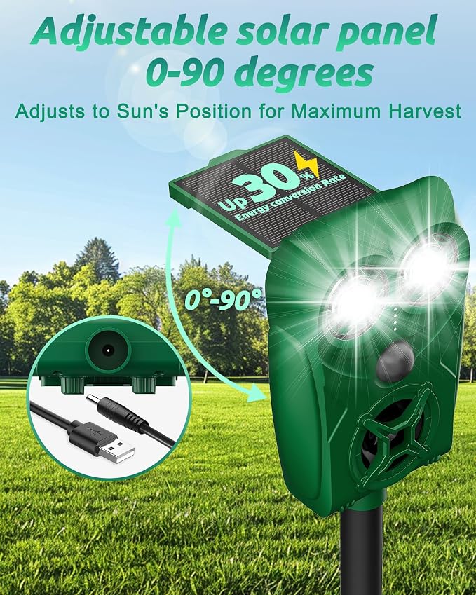 Solar Ultrasonic Animal Repellent with Motion Sensor - Waterproof Deer Repellent Device with LED Lights for Yard, Effective Against Deer, Coyotes, Raccoons & Cats (2, Green)