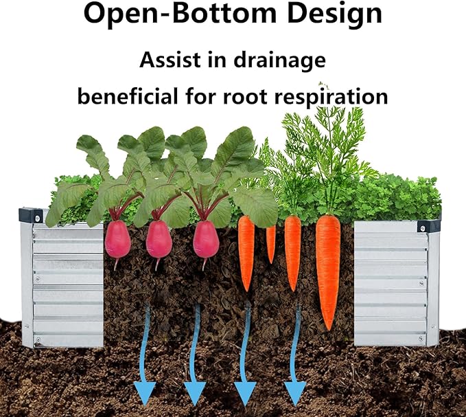 Meberam 2 Pack 6x3x1FT Galvanized Raised Garden Bed Kit, Outdoor Metal Planter Box for Vegetables, Bottomless Rectangular Gardening Bed with Support Rods, Tool-Free Assembly, Silver