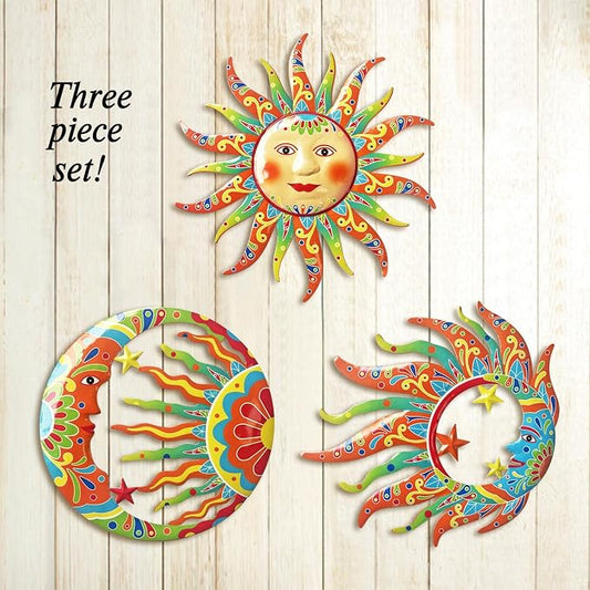Limygus Vivid Sun Moon Sun Face Metal Wall Sculpture Set of 3, Indoor Outdoor Garden Fence Decor