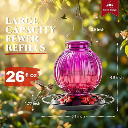 2 Pack Glass Hummingbird Feeder for Outdoors Hanging, Bird Nectar Feeder with Perch & 5 Flower Feeding Ports, 26 Oz Leak Proof for Outside Garden Decor Backyard, Gifts for Women Mom, Red + Purple Red