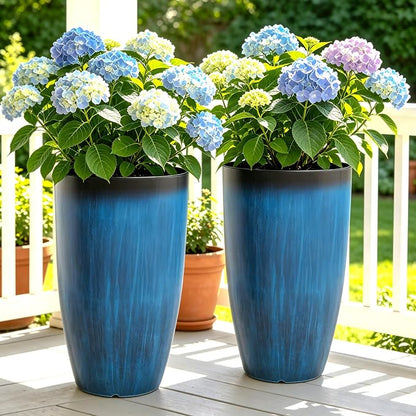 Autodaya 23.8" Tall Planters Set of 2, Large Plastic Plant Pots with Artistic Floating Cobalt Blue Glaze, UV-Resistant Lightweight PP Flower Pots for Outdoor Indoor Plants, Garden, Patio, Deck, Porch | Artistic Floating Cobalt Blue Glaze, Lightweight U...
