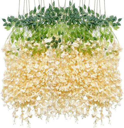 Artificial Wisteria Hanging Flowers Fake Wisteria Flower Garland Silk Vines Rattan Decor for Home Wedding Arch Wall Garden Greenery Bedroom Outdoor Office Party Decoration (24, Champagne)