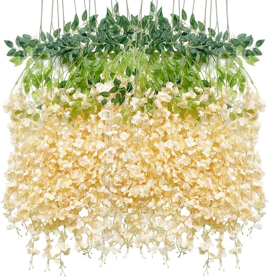 Artificial Wisteria Hanging Flowers Fake Wisteria Flower Garland Silk Vines Rattan Decor for Home Wedding Arch Wall Garden Greenery Bedroom Outdoor Office Party Decoration (24, Champagne)
