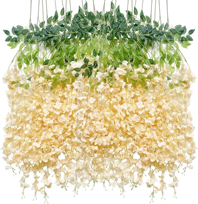 Artificial Flowers Hanging Flowers, Fake Wisteria Flower Garland Silk Vines Rattan String Decor for Home Wedding Arch Wall Garden Greenery Bedroom Outdoor Office Party Decoration (36, Champagne)