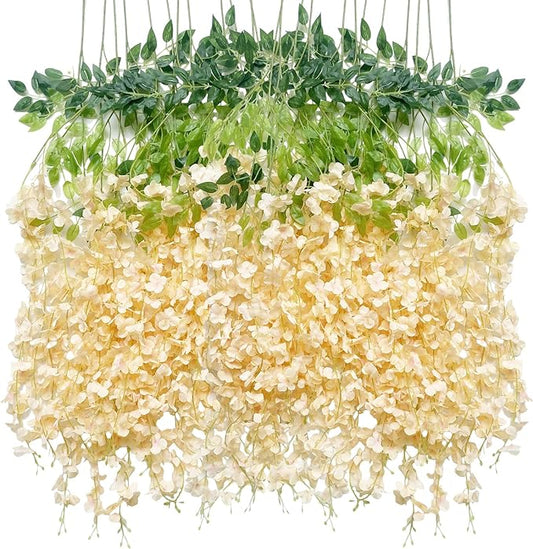 Artificial Flowers Hanging Flowers, Fake Wisteria Flower Garland Silk Vines Rattan String Decor for Home Wedding Arch Wall Garden Greenery Bedroom Outdoor Office Party Decoration (36, Champagne)