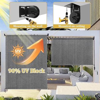 Shade&Beyond Outdoor Roller Shades with Splicing Design, 5' W x 8' H Cordless Patio Roll Up Blinds, Exterior Shade Cloth Roll for Porch, Gazebo, Pergola, Balcony, Gray