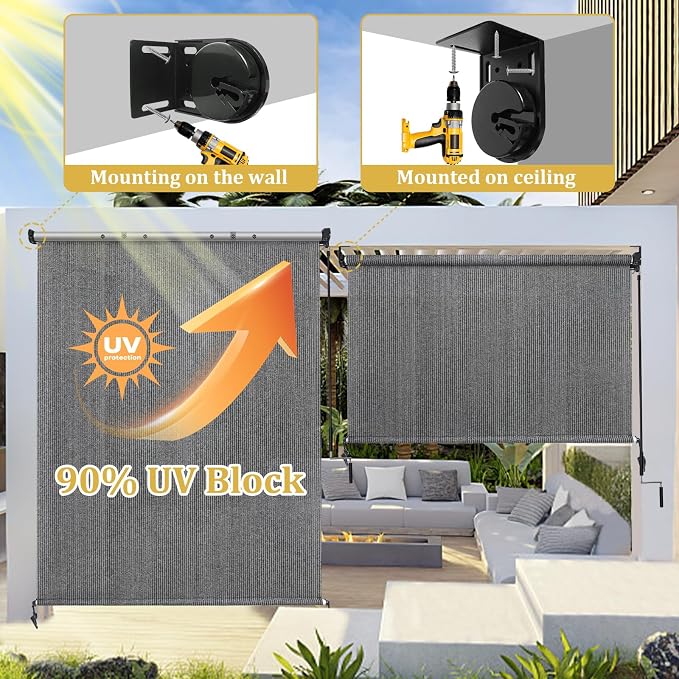 Shade&Beyond Outdoor Roller Shades with Splicing Design, 7' W x 6' H Cordless Patio Roll Up Blinds, Exterior Shade Cloth Roll for Porch, Gazebo, Pergola, Balcony, Gray