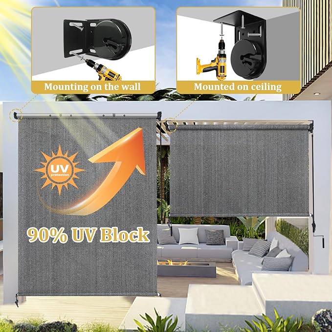 Shade&Beyond Outdoor Roller Shades with Splicing Design, 7' W x 8' H Cordless Patio Roll Up Blinds, Exterior Shade Cloth Roll for Porch, Gazebo, Pergola, Balcony, Gray