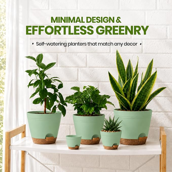 Utopia Home Self Watering Pots for Indoor Plants, Planters for Indoor Plants, Multi-Size Flowerpot, Set of 10 Plant Pots with Drainage & Reservoir, 6.8"/6.4"/5.9"/5.5"/4.9" (Olive Green)
