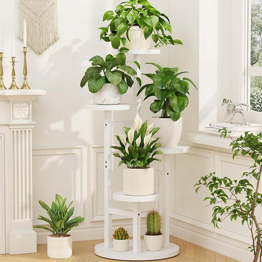 LASZOLA 4 Tiered Wood Plant Stand Indoor Corner, Flower Holder Rack Tall for Multiple Plants, Rustic Planter Shelf Display for Patio Garden Balcony Living Room, White