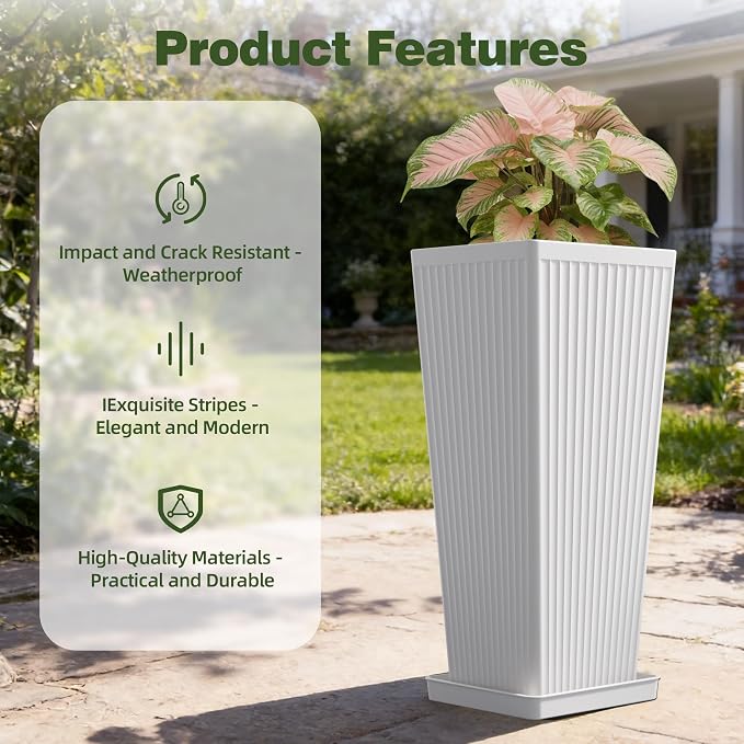 White Square Tall Planters for Outdoor Plants Set of 2-24" Modern Tapered Indoor Flower Pots with Drainage Holes/Partition/Tray, Large Outdoor Planters for Porch Patio Garden Front Porch
