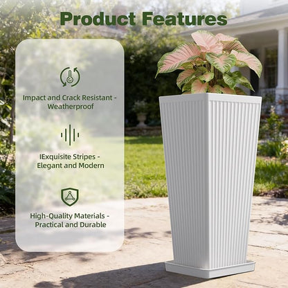 White Square Tall Planters for Outdoor Plants Set of 2-24" Modern Tapered Indoor Flower Pots with Drainage Holes/Partition/Tray, Large Outdoor Planters for Porch Patio Garden Front Porch
