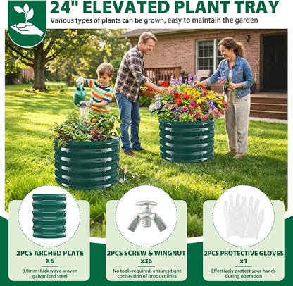 24" Diameter Round Raised Garden Bed - 17 Inch Tall, Heavy-Duty Galvanized Steel Planter Box with Wave-Shaped Panels for Vegetables, Herbs & Flowers (2, Green, 24 Inch Diameter)