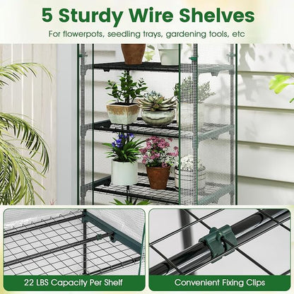 Giantex Mini Greenhouse Indoor Outdoor, 27" x 19" x 75" Portable Plant Grow House with 5 Tier Shelves, PE Cover, Roll-Up Zipper Door, Rustproof Elector-Coating Metal Frame for Patio Balcony Garden