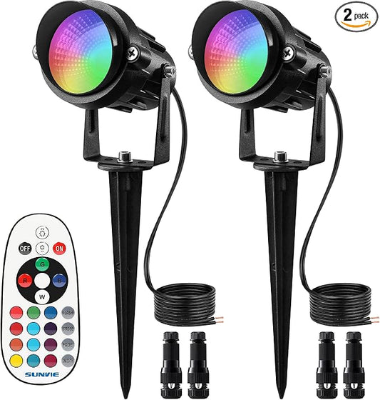 SUNVIE RGB Low Voltage Color Changing Landscape Lights Remote Control Waterproof LED Landscape Lighting for Yard Garden Pathway Holiday Christmas Decorations Outdoor Indoor, 2 Pack with Connector