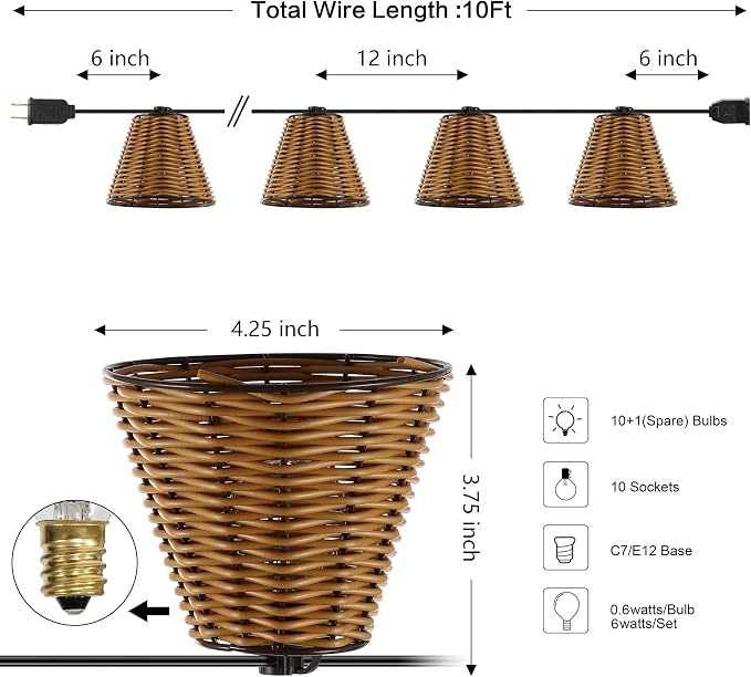 JONATHAN Y 10' Brown 10-Light Indoor/Outdoor LED String Lights for Patio, Classic Cottage Faux-Rattan Shaded Hanging Lights for Balcony, Deck, Coastal Decor JYL8706A