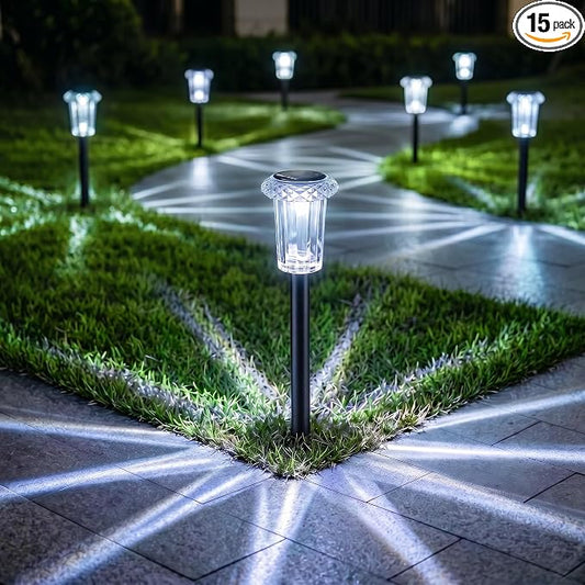 Eyrosa Solar Pathway Lights Outdoor Waterproof, 15 Pack Cool White Solar Garden Lights, Diamond-Cut Starlight Decor, Stake Lighting for Yard Path Walkway Driveway Patio Lawn Outside
