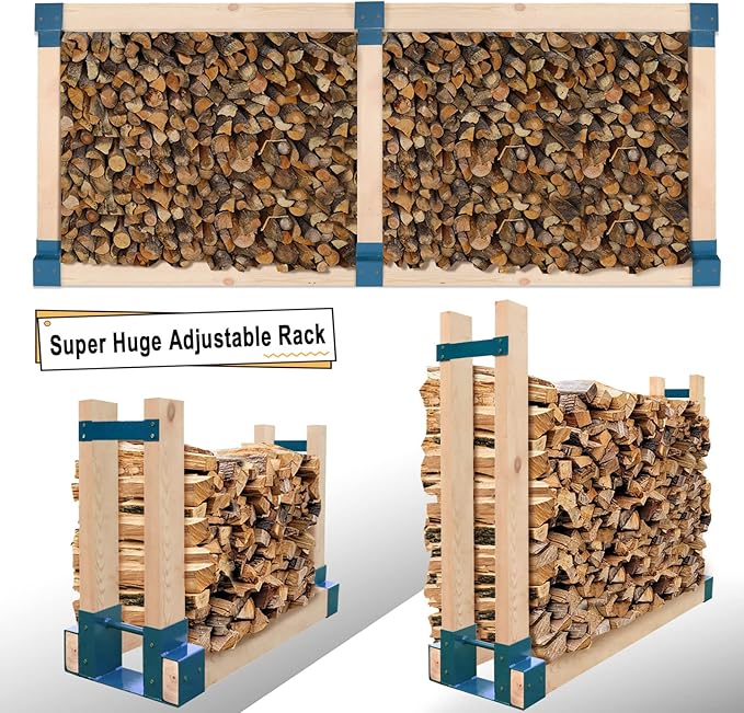 MOFEEZ Outdoor Firewood Log Storage Rack 2x4 Bracket Kit, Fireplace Wood Storage Holder, Adjustable to Any Length - Dark Blue, Two Bases