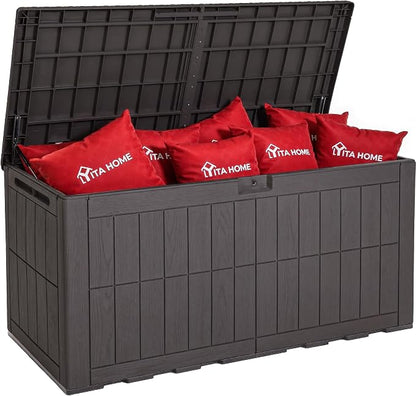 YITAHOME 134 Gallon Large Outdoor Storage Box with Lock | Waterproof Deck Box with Hydraulic Piston for Garden Tools, Pool Accessories & Cushions, Resin Deck Organizer with Bench Seat