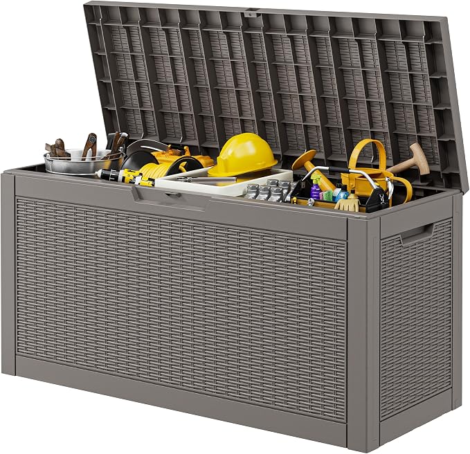 Outdoor Storage Box, 72 Gallon Resin Deck Boxes Outdoor Waterproof For Patio Furniture, Garden Tools, Pool Supplies, Lockable And UV Resistant (Rattan Gray)