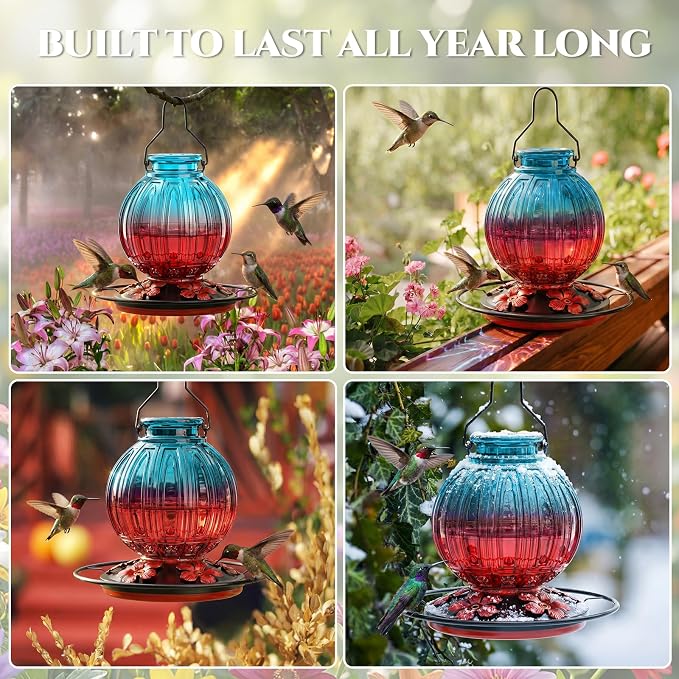 Glass Hummingbird Feeder for Outdoors Hanging, 26Oz Bird Nectar Feeder with Perch & 5 Flower Feeding Ports, Leak Proof for Outside Garden Decor Backyard, Gifts for Women Mom, Blue & Red