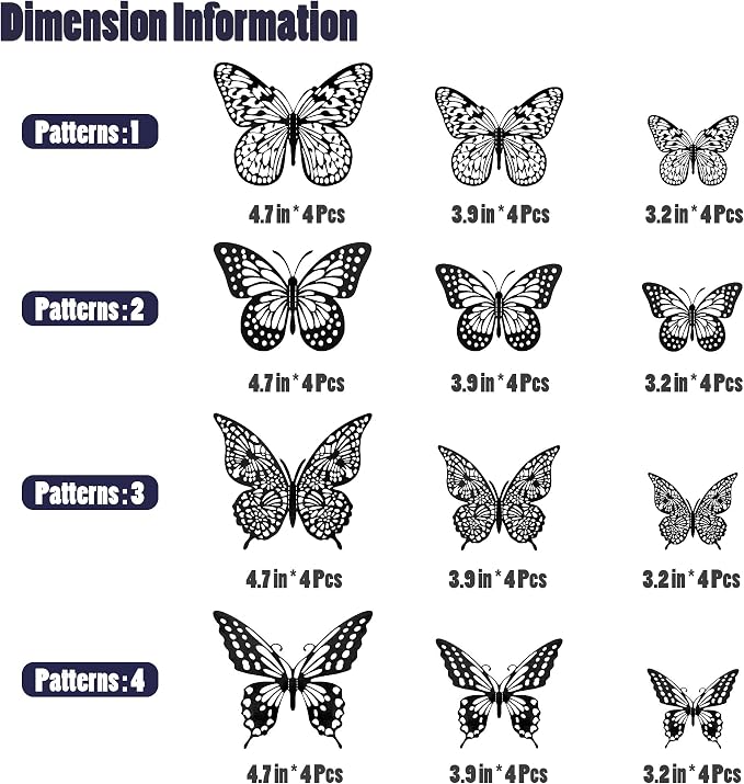 SAOROPEB 3D Butterfly Wall Decor - 48 Pcs, 4 Styles, 3 Sizes - Gold Butterfly Decorations for Birthday and Party Cake Decorations - Removable Stickers (Black)