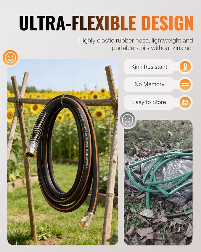 20FT x 5/8" Rubber Garden Hose, Heavy Duty Garden Hose, 300 PSI Working, 1000 PSI Burst, Swivel Handle with Stainless Steel Ring, 5-Layer Braided, All-Weather Outdoor Use, BG20GH06