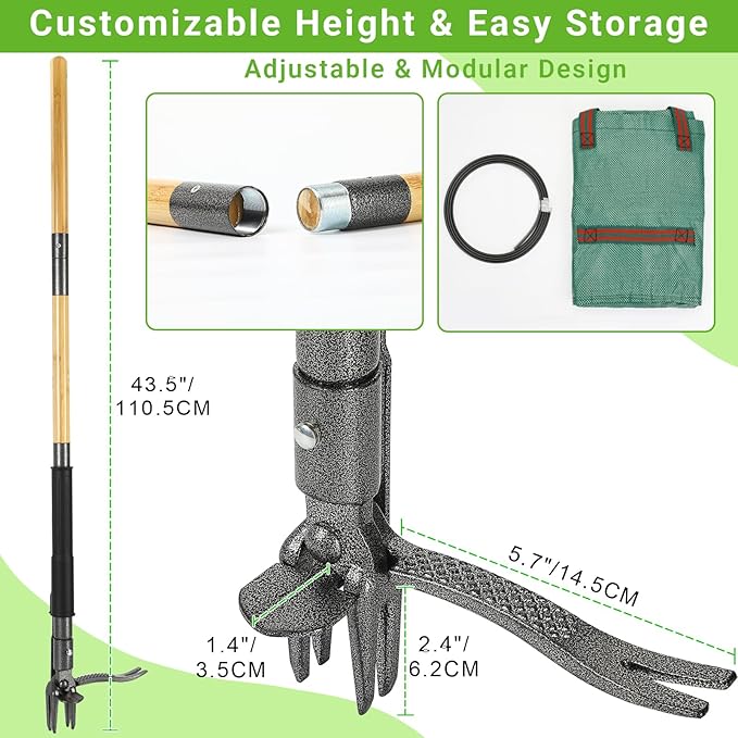 43.5" Weed Puller Tool for Lawn Yard, Dual-Eject Mechanism with Bag | 4-Claw Steel Head,Adjustable 43.5" Bamboo Long Handle,Supports a weight of 265 lbs,Includes 16 Gallon Leaf Bag