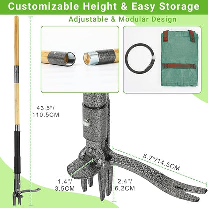 43.5" Weed Puller Tool for Lawn Yard, Dual-Eject Mechanism with Bag | 4-Claw Steel Head,Adjustable 43.5" Bamboo Long Handle,Supports a weight of 265 lbs,Includes 16 Gallon Leaf Bag