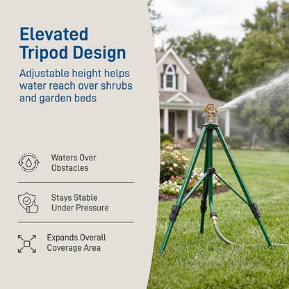 Orbit 1/2 Inch Brass Impact Sprinkler - Adjustable Metal Tripod - Long Range Lawn Watering System - 360 Degree Rotating Sprinkler - Heavy Duty Irrigation System - Adjustable 22-48 Inch Height - 58308