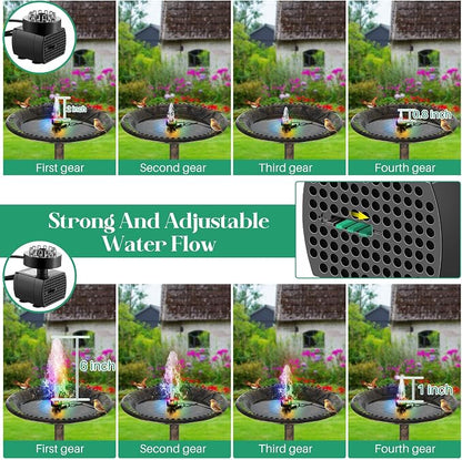 Bird Bath Fountains with 12 LED Lights, 24 Hour Working Fountain Pump with Light, Adjustable Watering Submersible Pump for Outdoor Water Garden, Pond (Colorful)