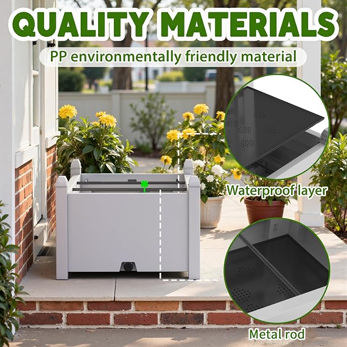 PatioZen 14 Gallon Raised Garden Bed, Self-Watering Raised Planter Box with Drainage Plug & Gauge for Vegetables Flowers Herbs Succulents, Rustproof Resin for Backyard Patio Porch (Ashen)