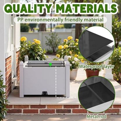 PatioZen 14 Gallon Raised Garden Bed, Self-Watering Raised Planter Box with Drainage Plug & Gauge for Vegetables Flowers Herbs Succulents, Rustproof Resin for Backyard Patio Porch (Ashen)